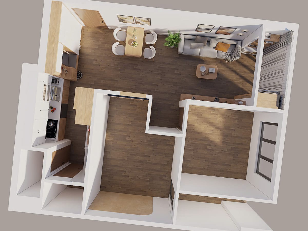 Golden Point căn 2 phòng ngủ - mặt bằng bố trí nội thất 3D