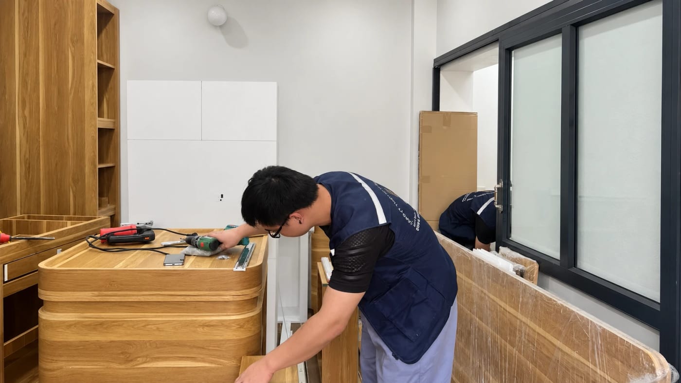 Thợ GOMITA khoan lắp ray ngăn kéo tại công trình